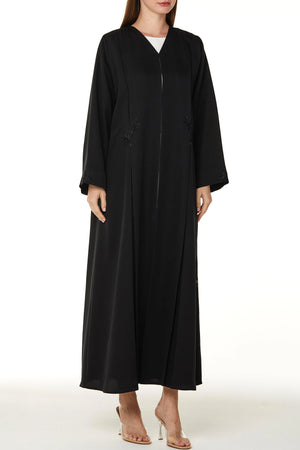 Black Emarati Crepe Custom Abaya with Front Pleats and Threadwork