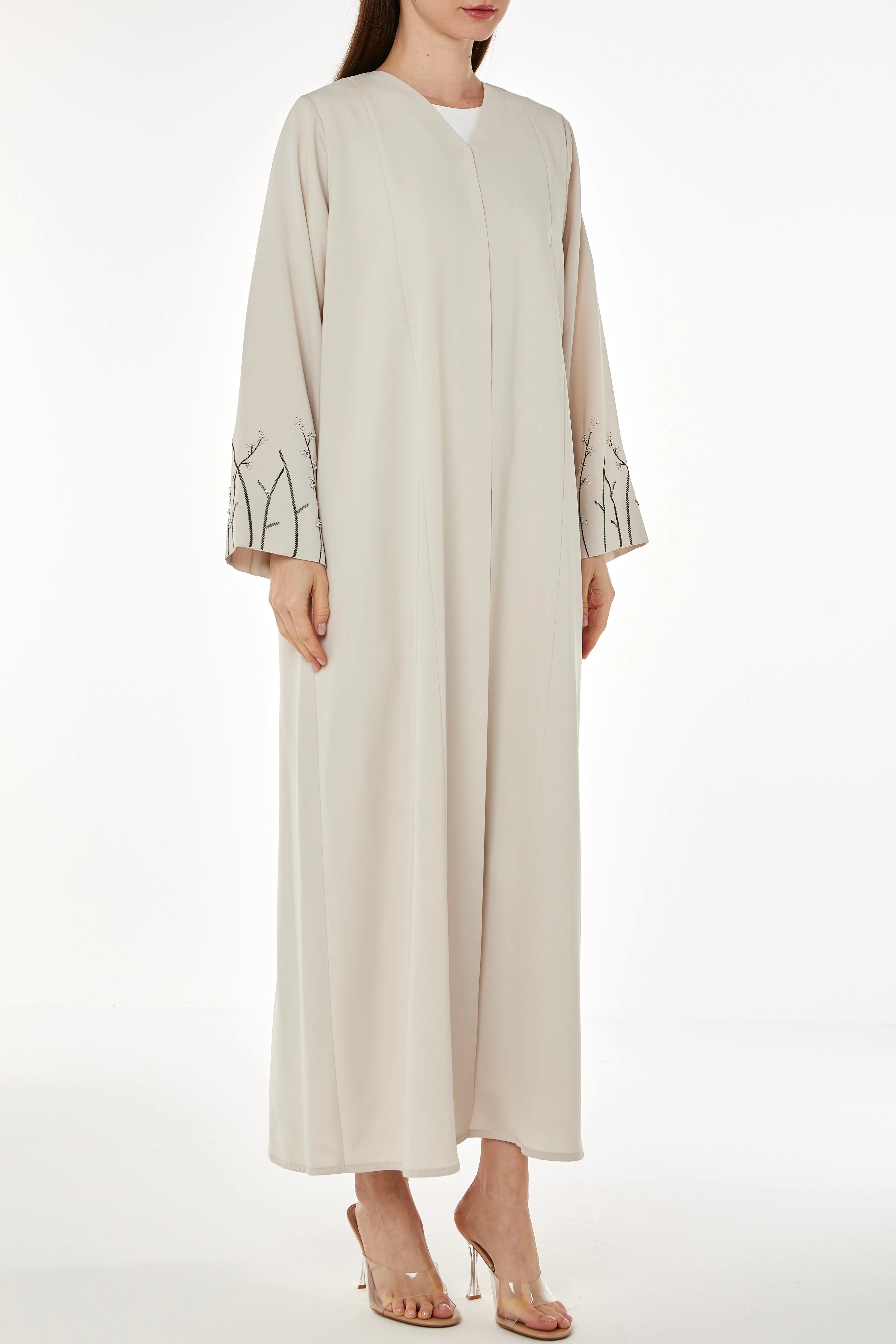 Beige Tokyo Crepe Abaya with Sleeves Embelishments - Posh Abaya