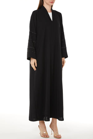 Black Tokyo Crepe Custom Abaya with Collar and Beadwork on Sleeves