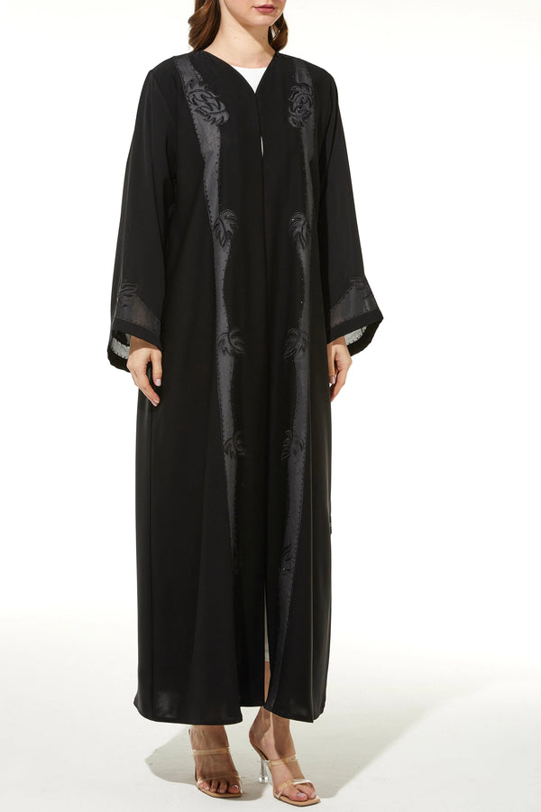 Black Classic Nada Custom Abaya with Front Semi Floral Beadwork