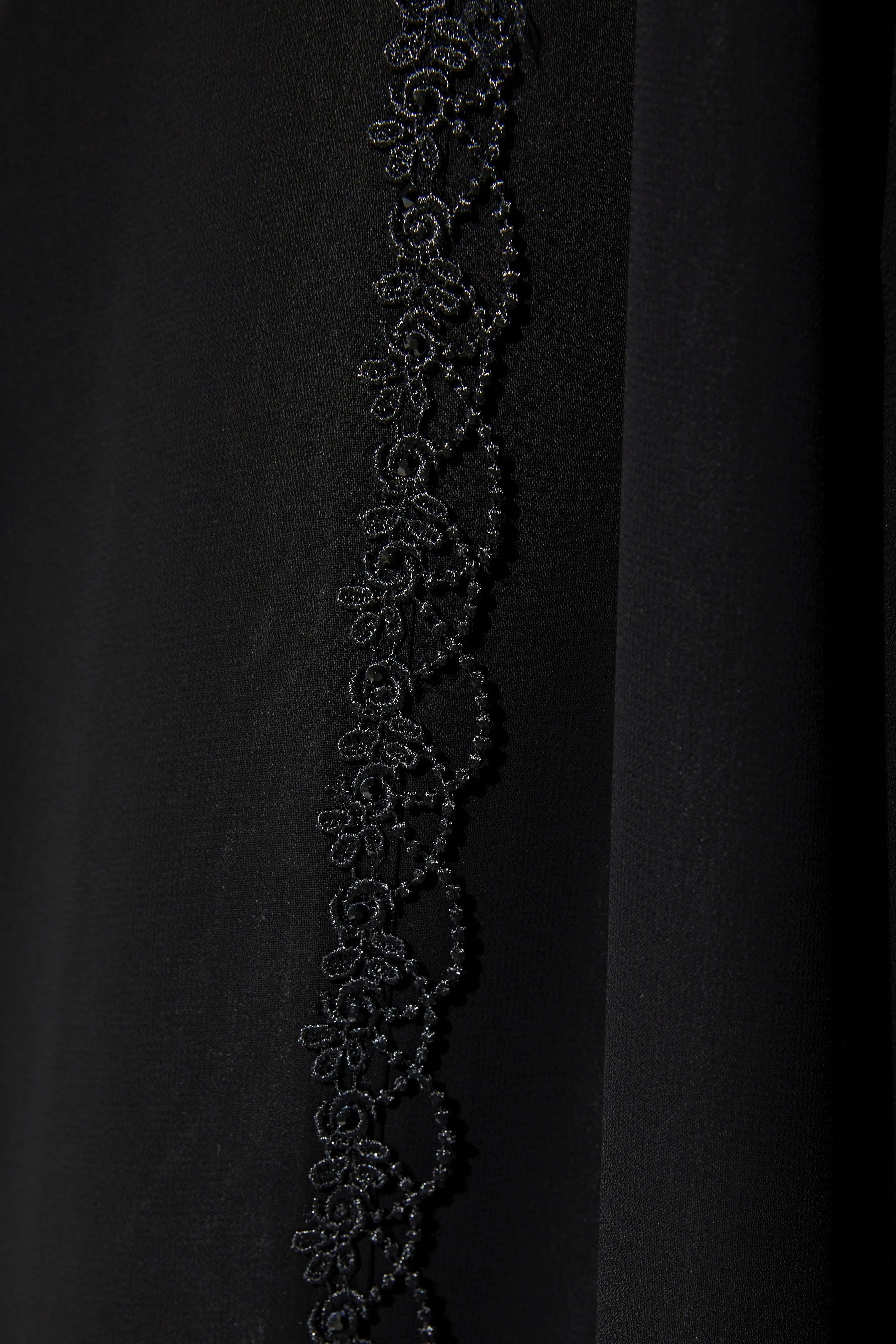 Black Lily Chiffon Abaya with Front Lace and Beadwork - Posh Abaya