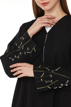 Black Tokyo Crepe Custom Abaya with Sleeves Embelishments