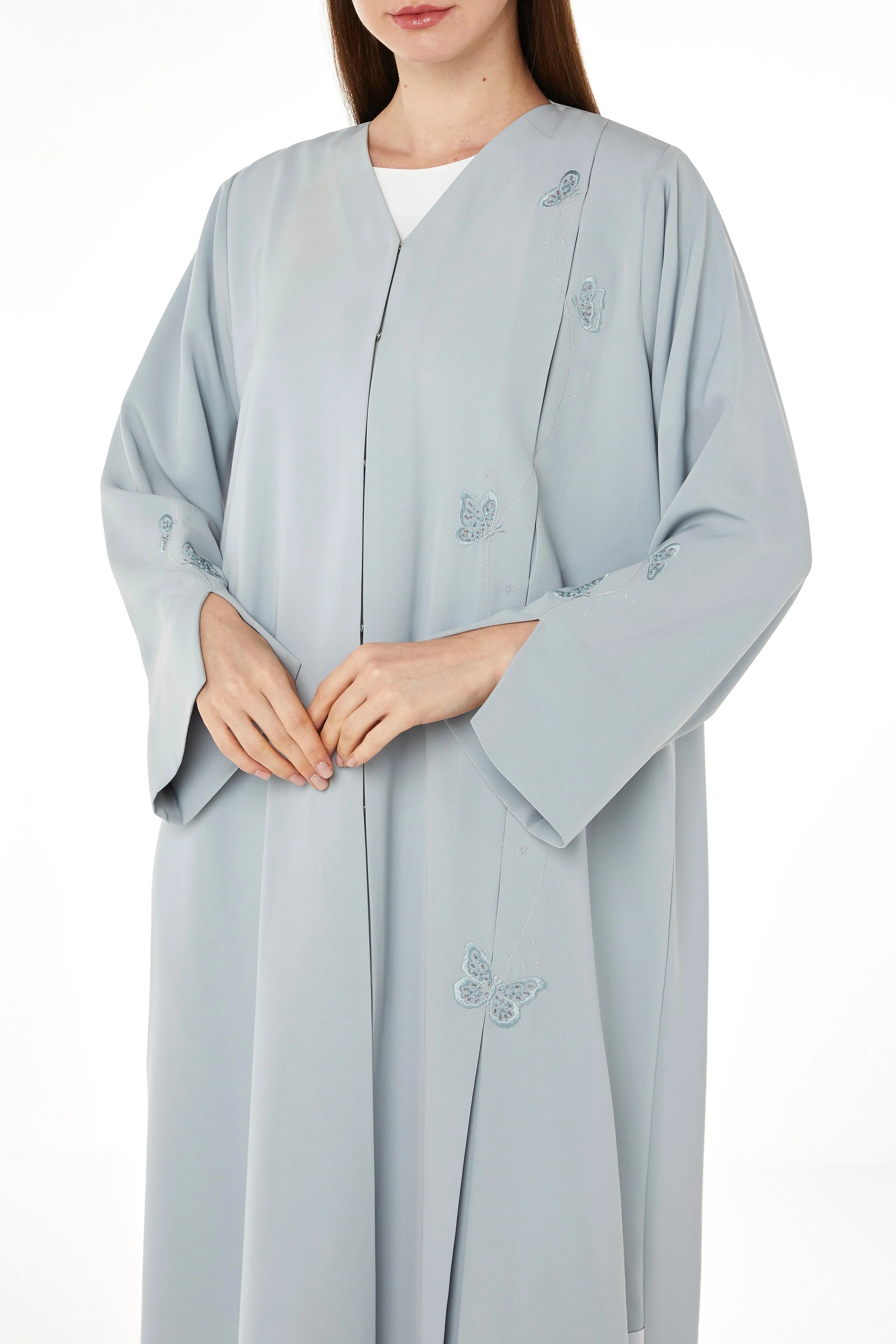 Blue Tokyo Crepe Abaya with Front Butterfly Embroidery - Posh Abaya