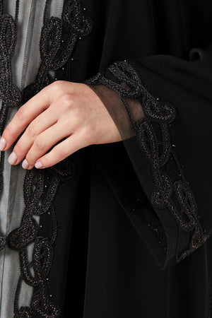 Black Royal Nada Abaya with Tulle and Copper Lacework Detail - Posh Abaya