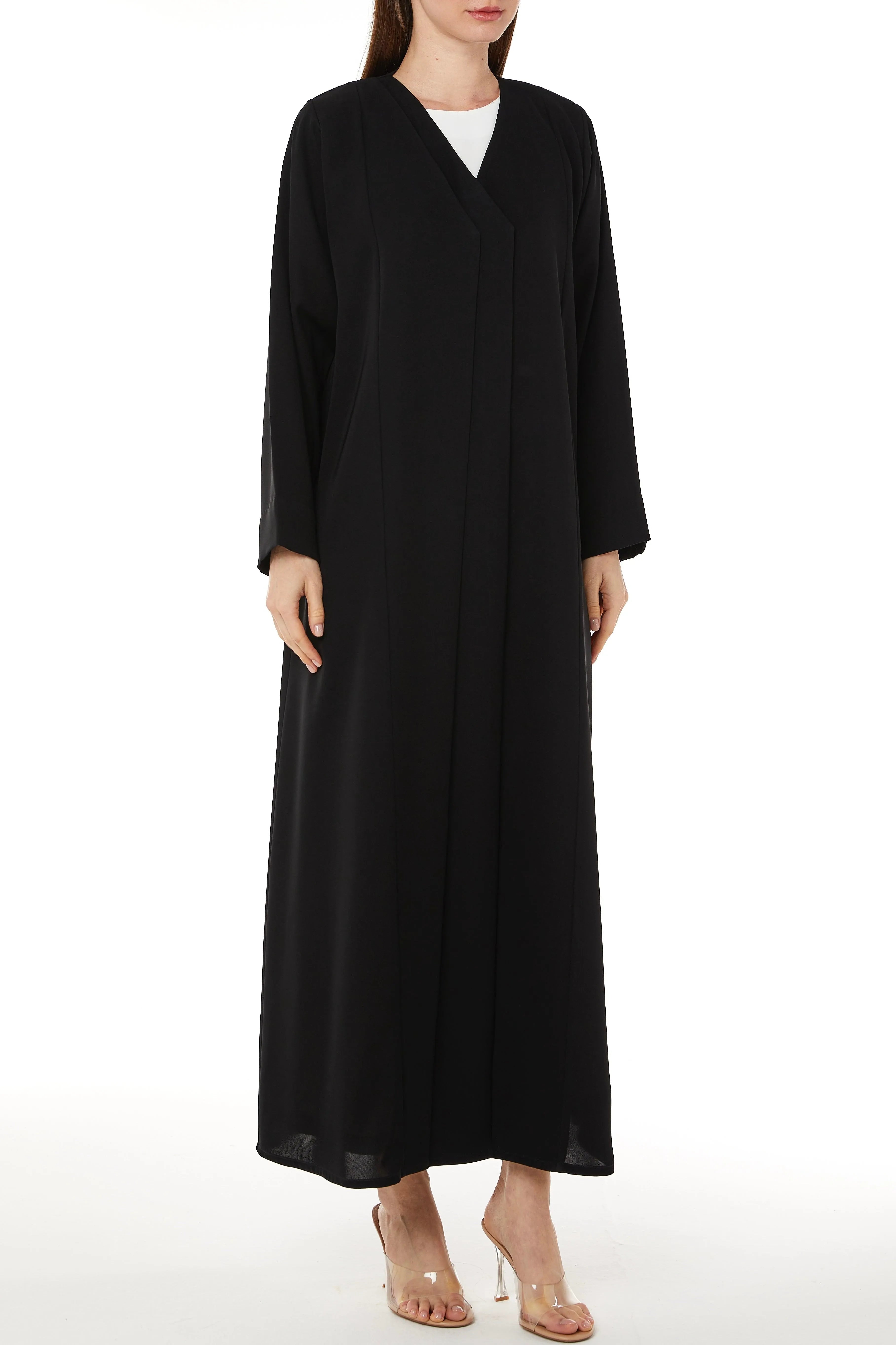 Black Farasha Crepe Abaya with Front Double Overlap - Posh Abaya