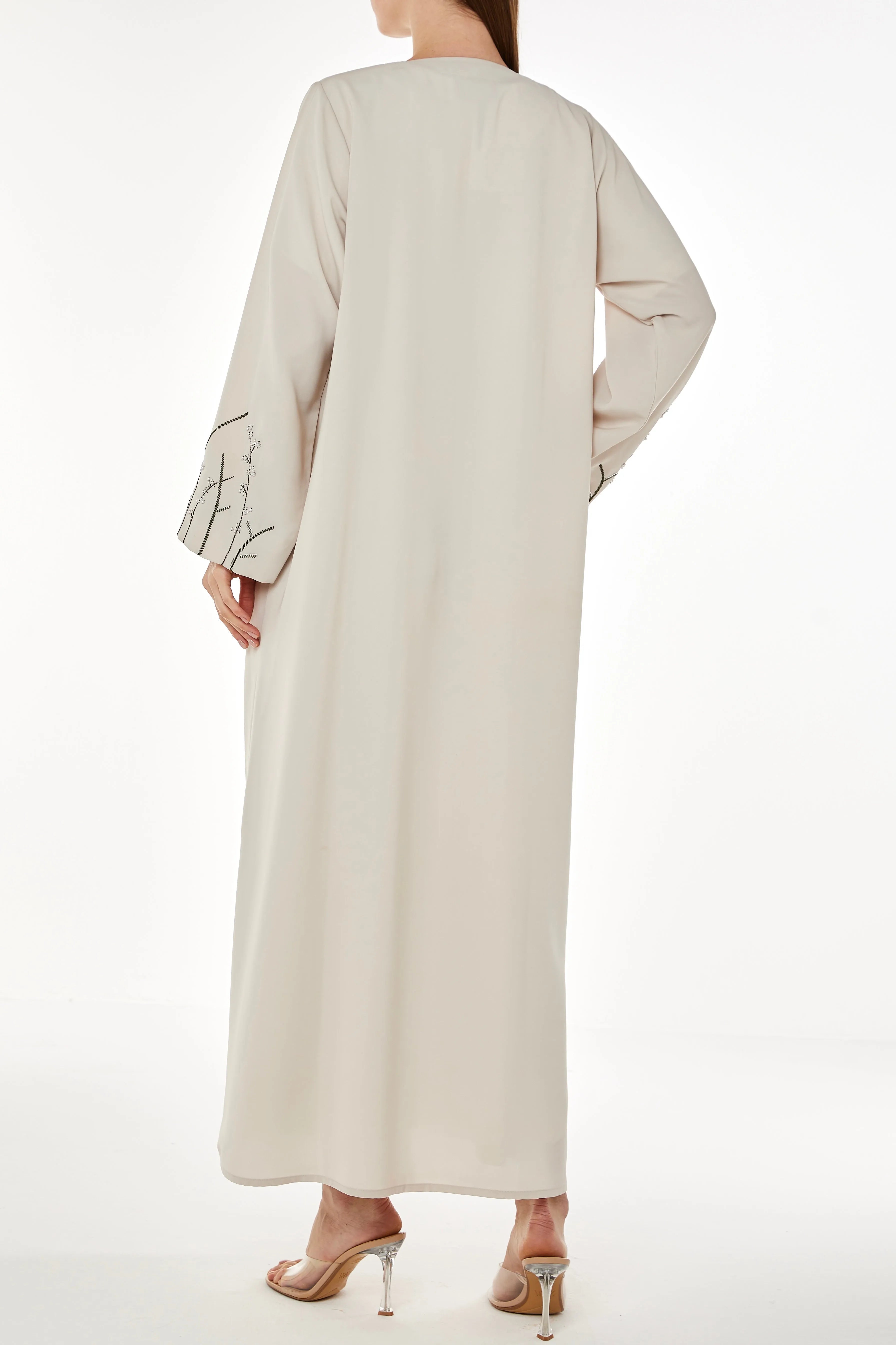 Beige Tokyo Crepe Abaya with Sleeves Embelishments - Posh Abaya