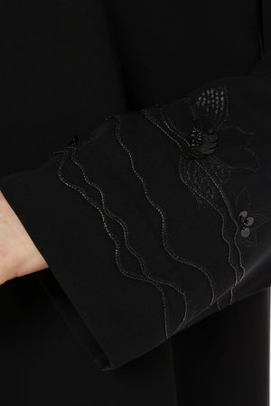 Black Farasha Crepe Custom Abaya with Embroidered Front Overlap