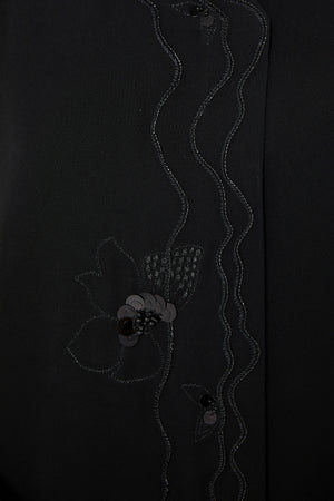 Black Farasha Crepe Custom Abaya with Embroidered Front Overlap
