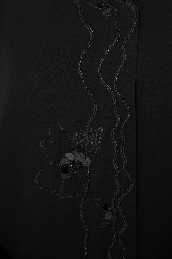 Black Farasha Crepe Custom Abaya with Embroidered Front Overlap