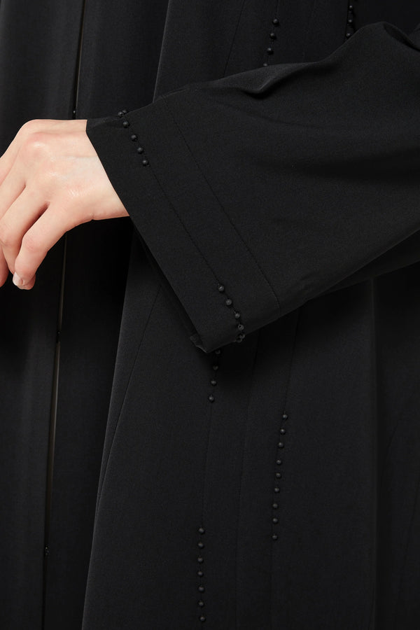 Black Tiana Crepe Custom Abaya with Front Beaded Pintuck