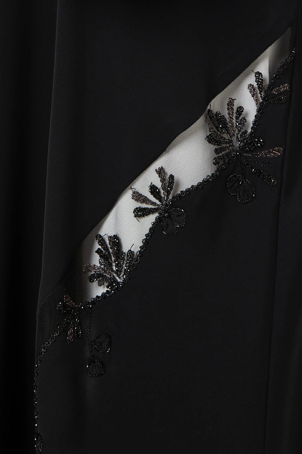 Black Royal Nada Abaya with Copper Beadwork Detail Adorned with Tulle - Posh Abaya