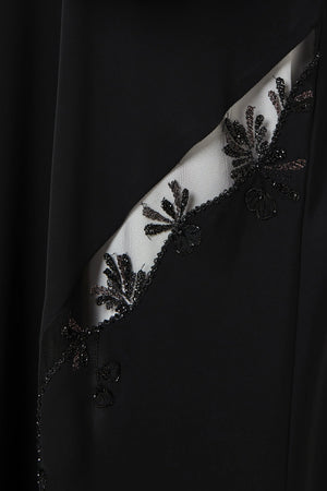 Black Royal Nada Custom Abaya, Side Beadwork with Net Panels