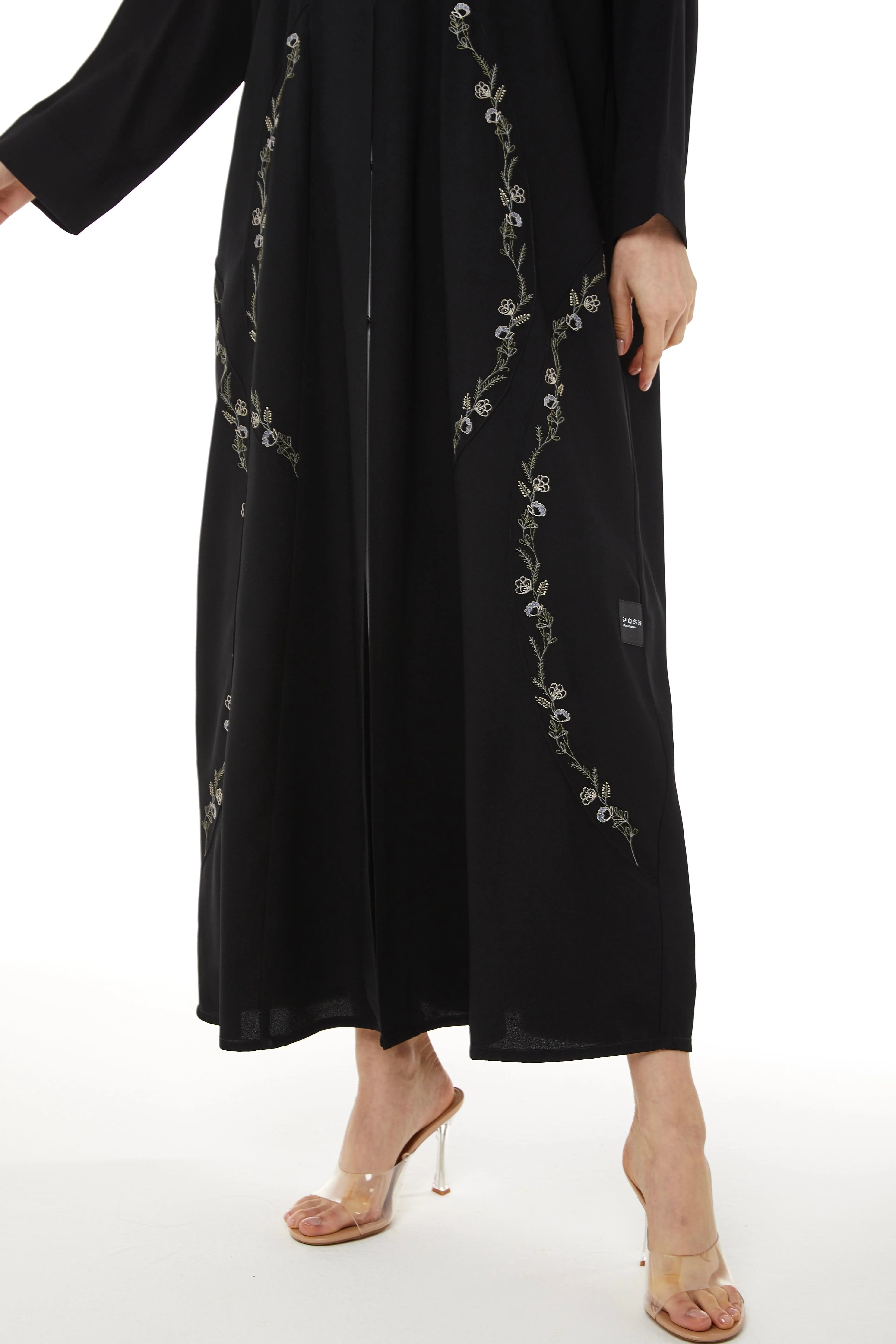 Black Acacia Crepe Abaya with Embroidered Front Cuts - Posh Abaya