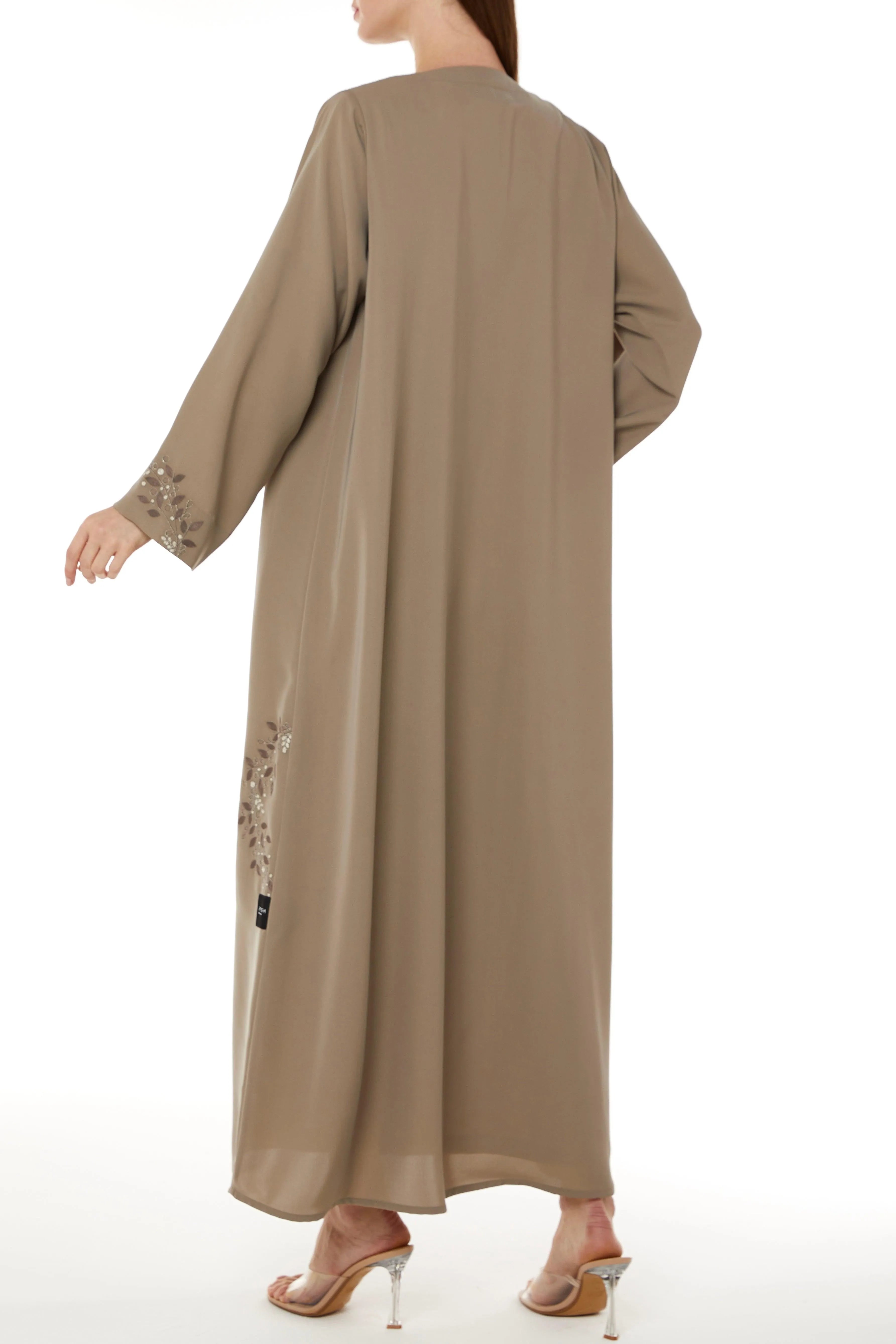 Beige Tokyo Crepe with Floral Embroidery - Posh Abaya