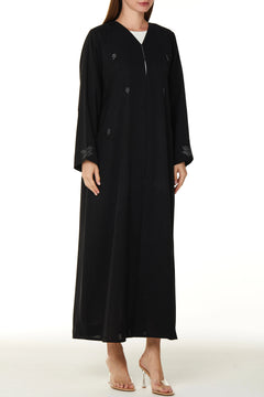 Black Farasha Crepe Custom Abaya with Front Floral Scatter Embroidery