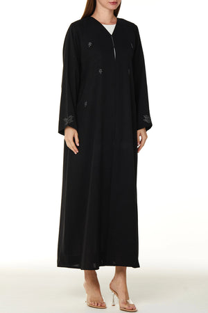 Black Farasha Crepe Custom Abaya with Front Floral Scatter Embroidery