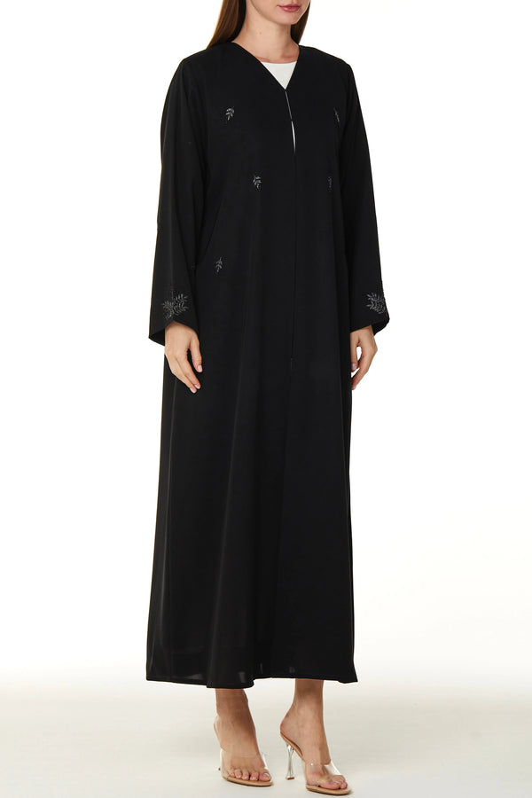 Black Farasha Crepe Custom Abaya with Front Floral Scatter Embroidery