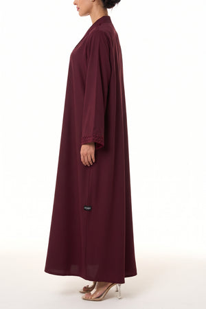 Maroon Layan Crepe Abaya, Lace Detail