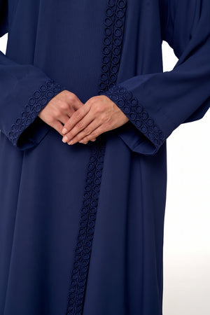Blue Atlas Crepe Abaya, Lace Detail