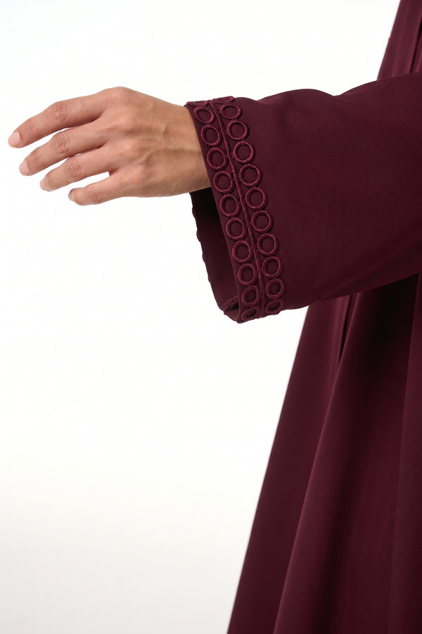 Maroon Layan Crepe Abaya, Lace Detail