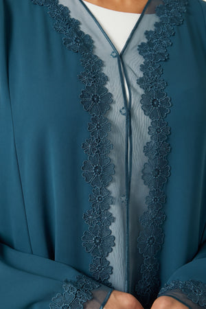 Blue Atlas Crepe Abaya, Lace Detail