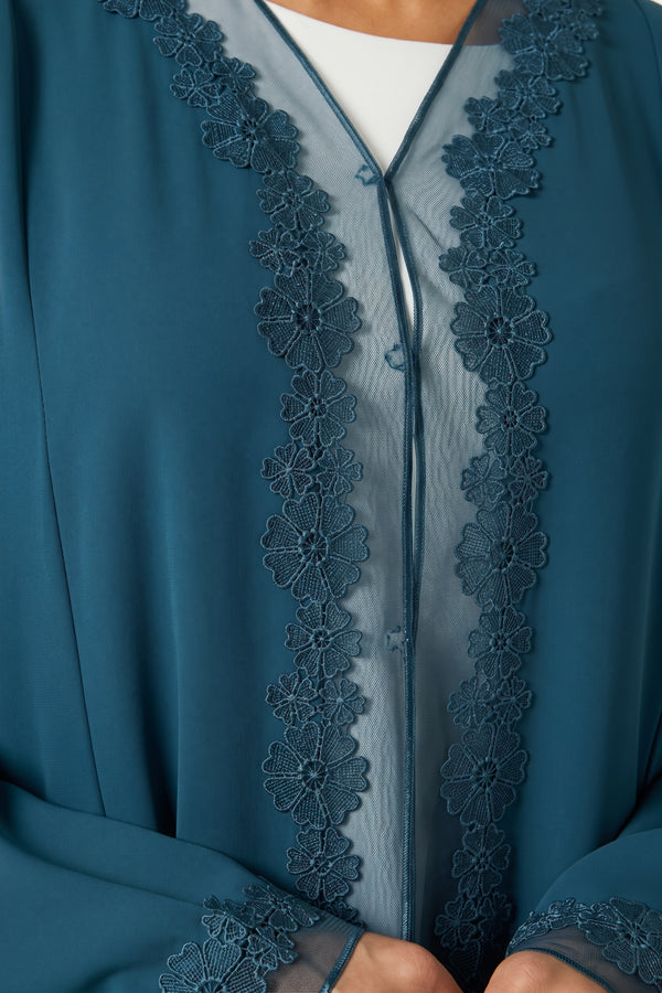 Blue Atlas Crepe Abaya, Lace Detail