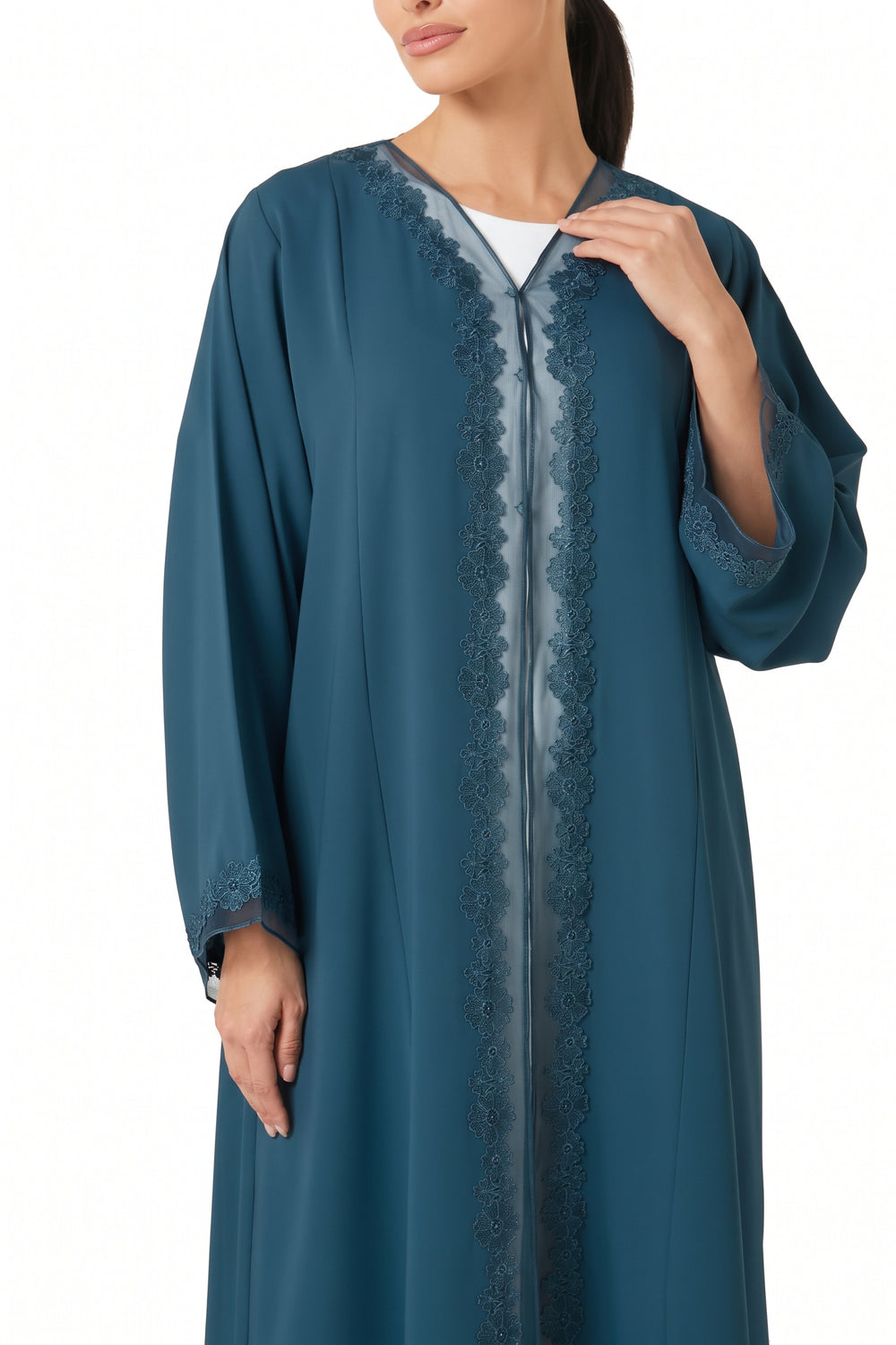 Blue Atlas Crepe Abaya, Lace Detail