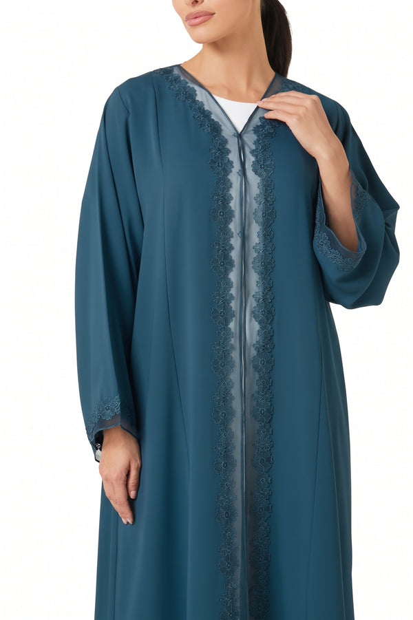 Blue Atlas Crepe Abaya, Lace Detail