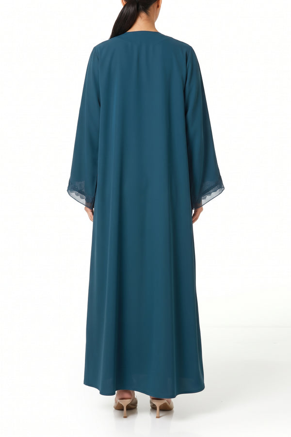 Blue Atlas Crepe Abaya, Lace Detail