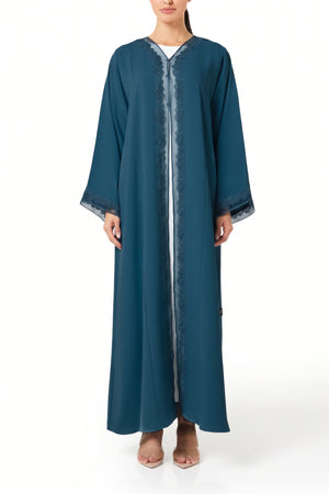 Blue Atlas Crepe Abaya, Lace Detail