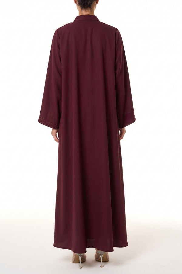 Maroon Layan Crepe Abaya, Lace Detail