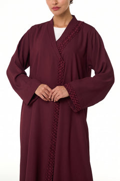 Maroon Layan Crepe Abaya, Lace Detail