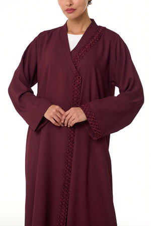 Maroon Layan Crepe Abaya, Lace Detail
