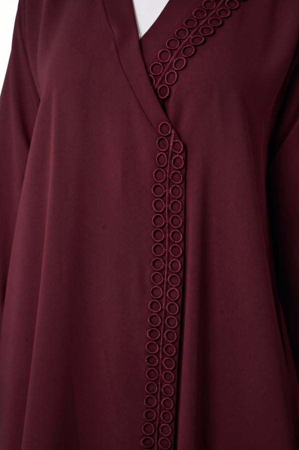 Maroon Layan Crepe Abaya, Lace Detail