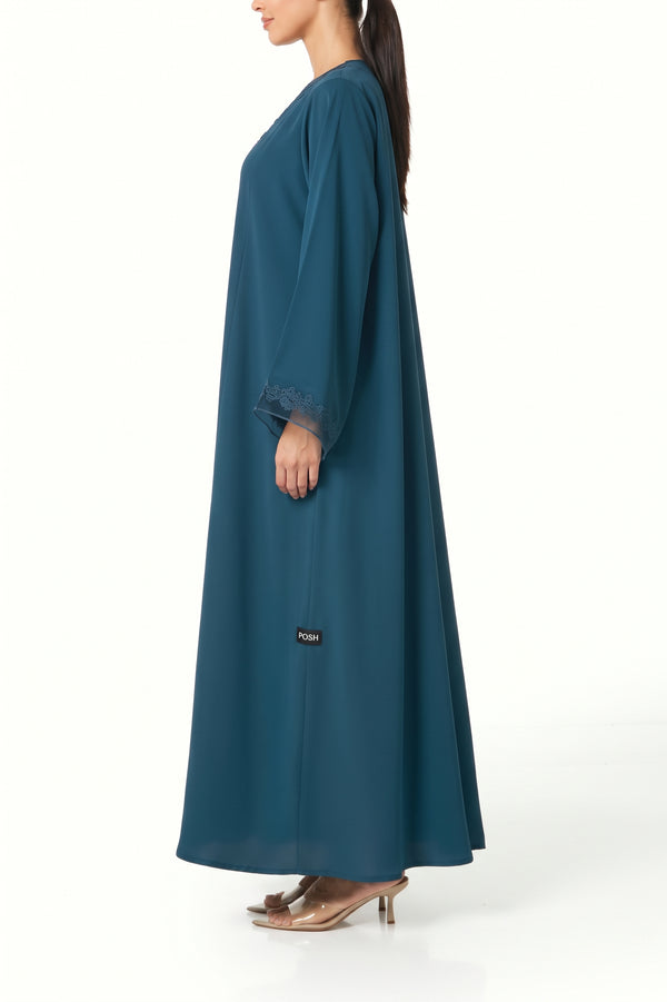 Blue Atlas Crepe Abaya, Lace Detail