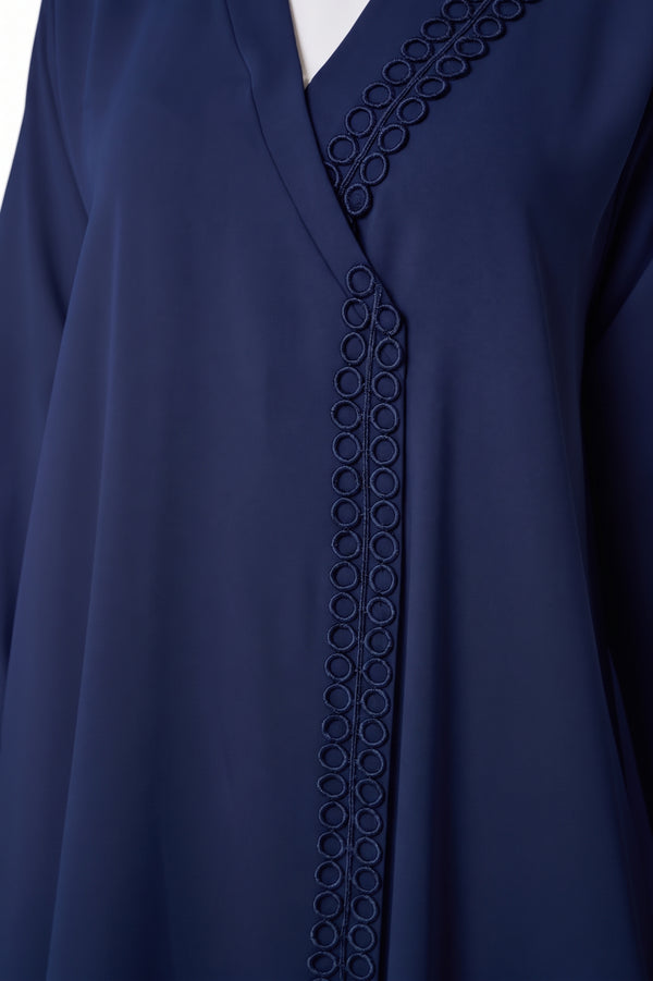 Blue Atlas Crepe Abaya, Lace Detail