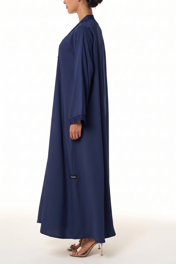 Blue Atlas Crepe Abaya, Lace Detail
