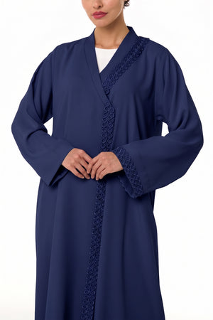 Blue Atlas Crepe Abaya, Lace Detail