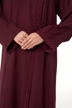 Maroon Layan Crepe Abaya, Lace Detail
