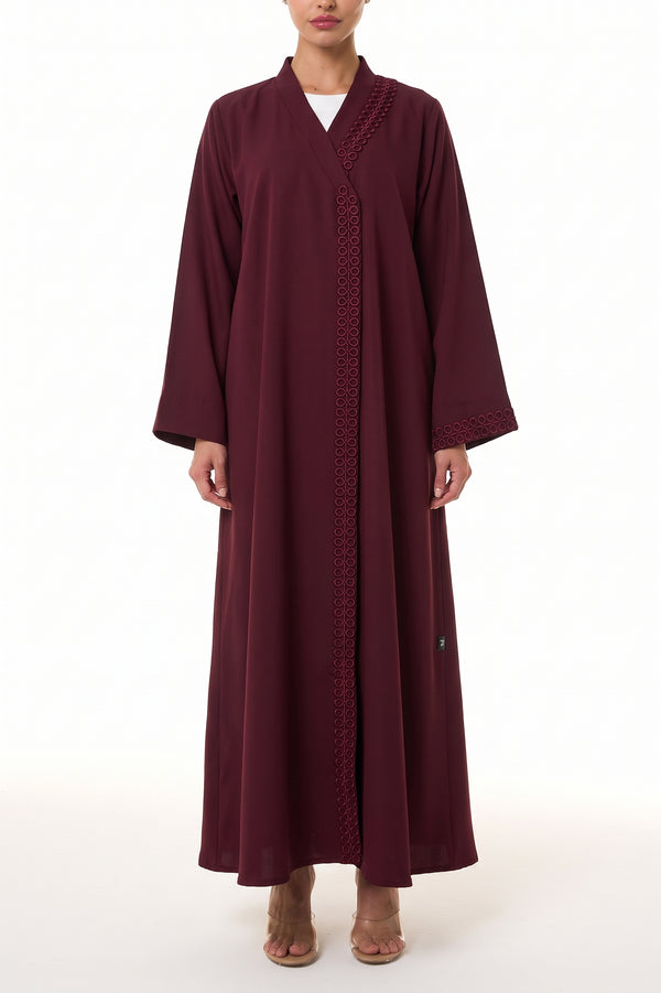 Maroon Layan Crepe Abaya, Lace Detail