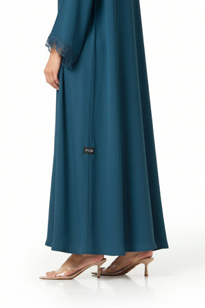 Blue Atlas Crepe Abaya, Lace Detail