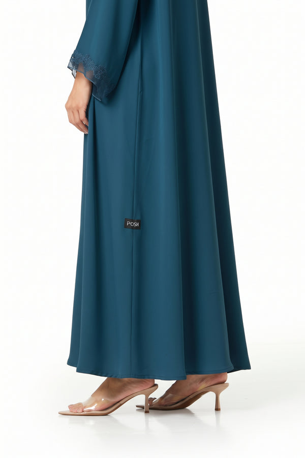 Blue Atlas Crepe Abaya, Lace Detail