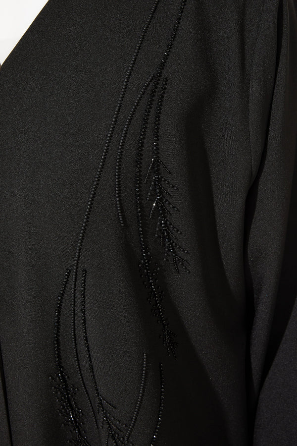 Black Classic Crepe Custom Abaya with Semi-Floral Beadwork