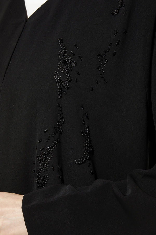 Black Milan Crepe Custom Abaya with Front Intricate Beadwork