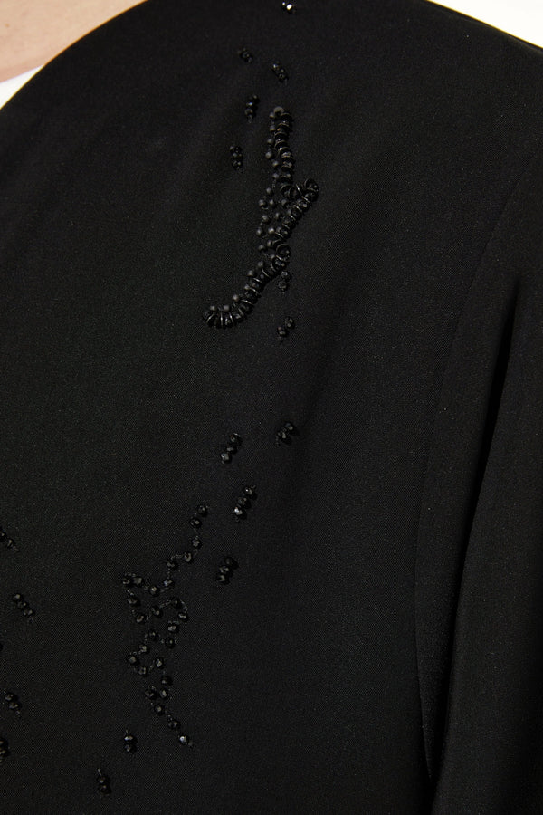 Black Milan Crepe Custom Abaya with Front Intricate Beadwork
