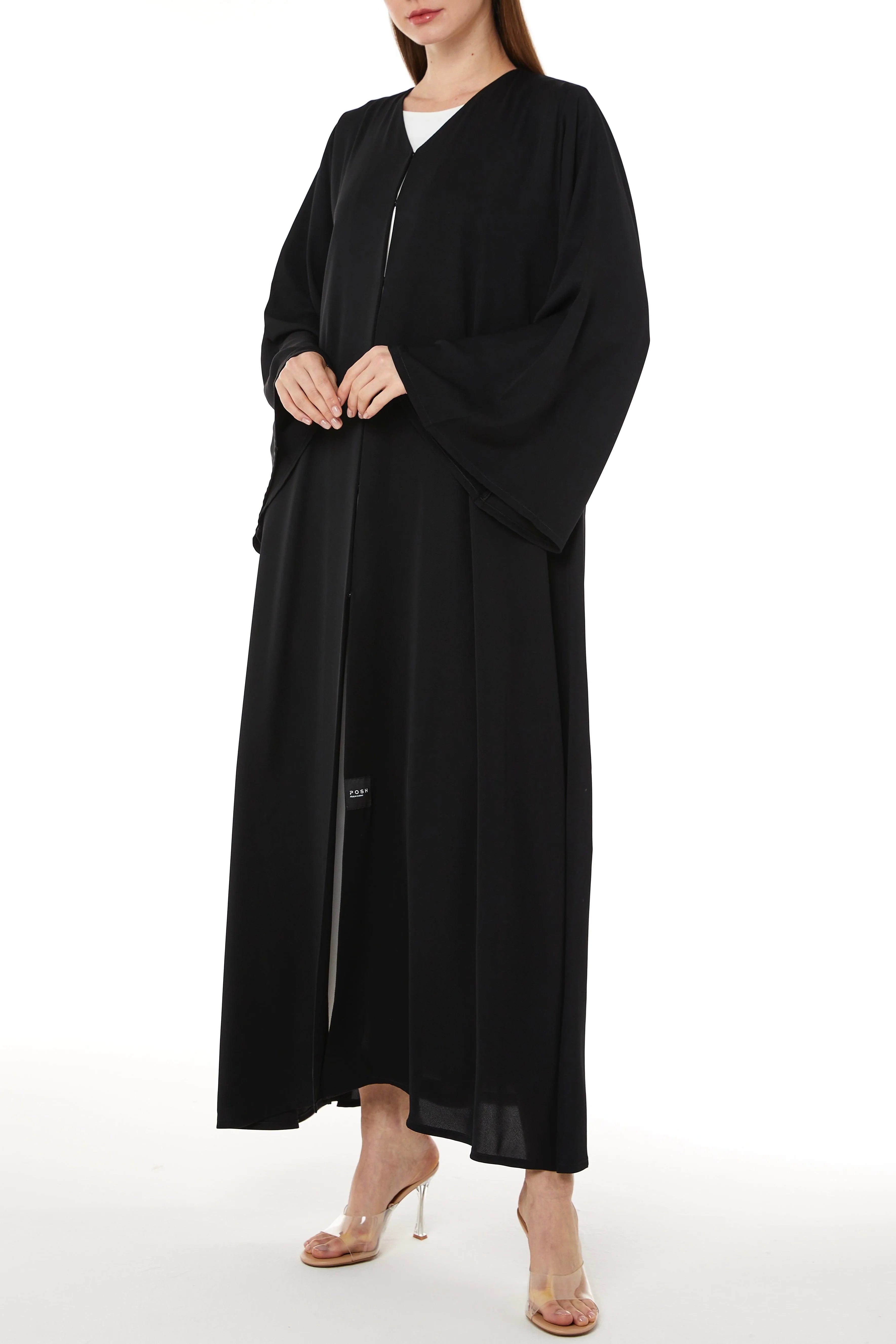 Black Kape Crepe Abaya with Flared Sleeve - Posh Abaya