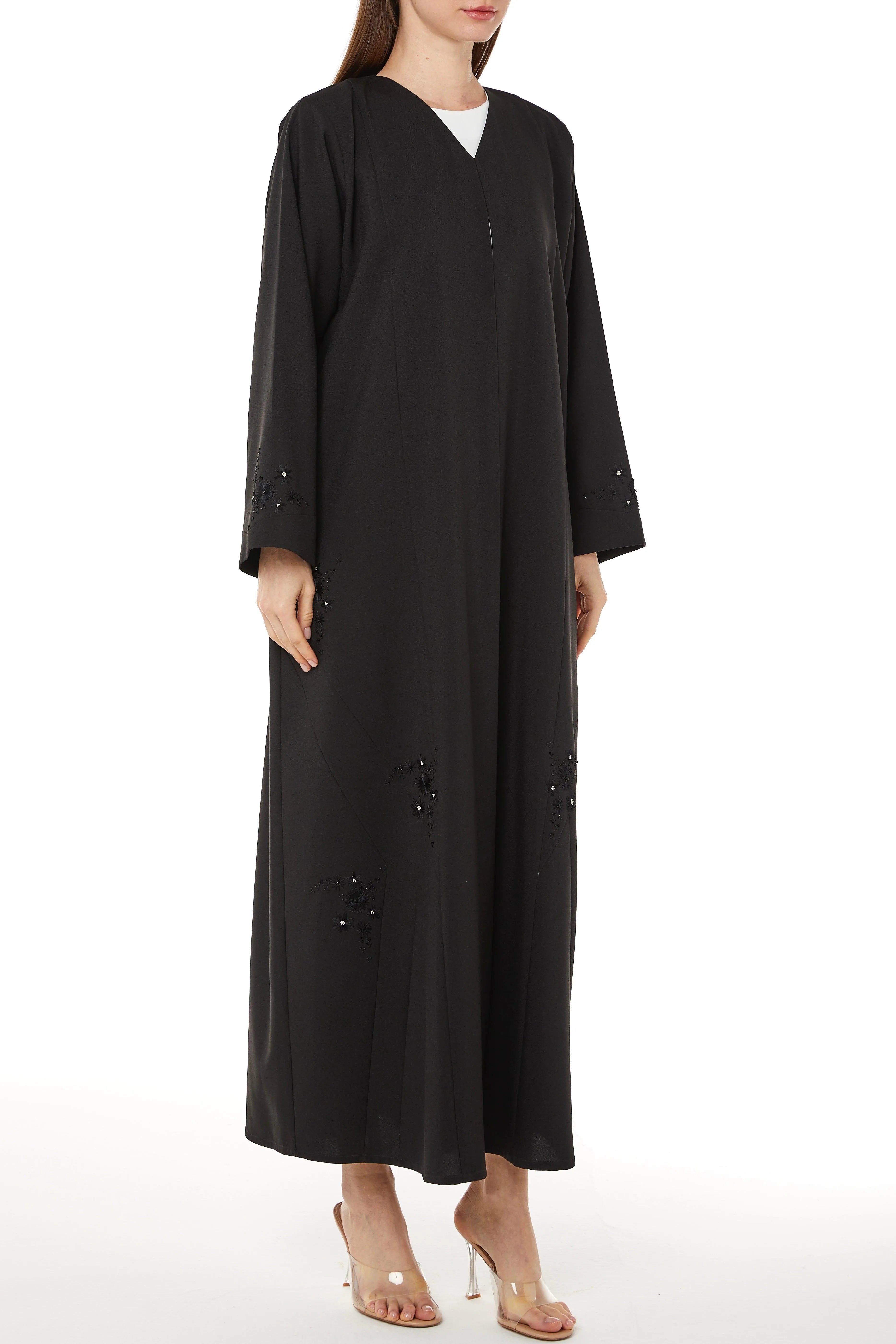 Black Kadi Crepe with Bead and Thread Work on Sides - Posh Abaya