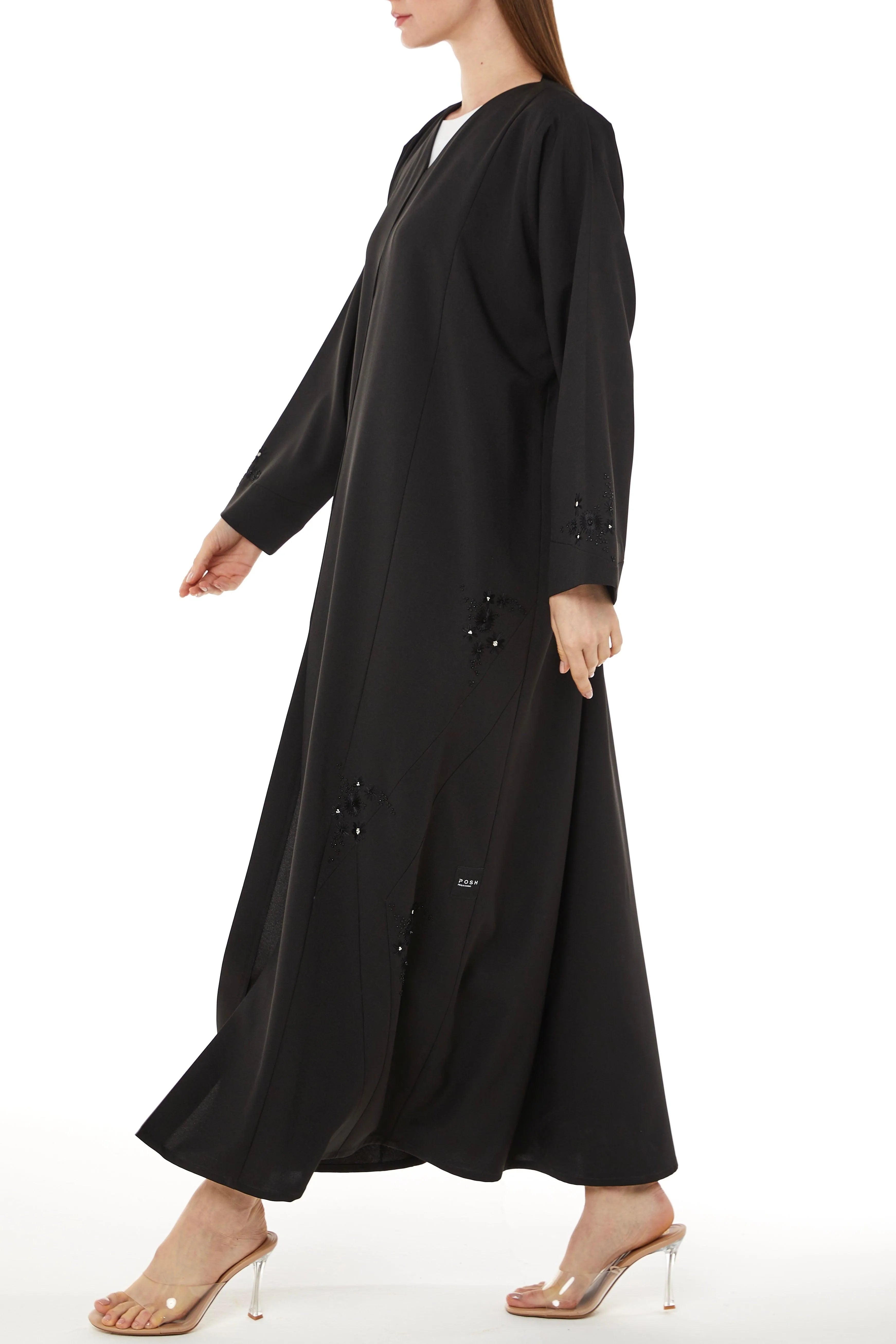 Black Kadi Crepe with Bead and Thread Work on Sides - Posh Abaya