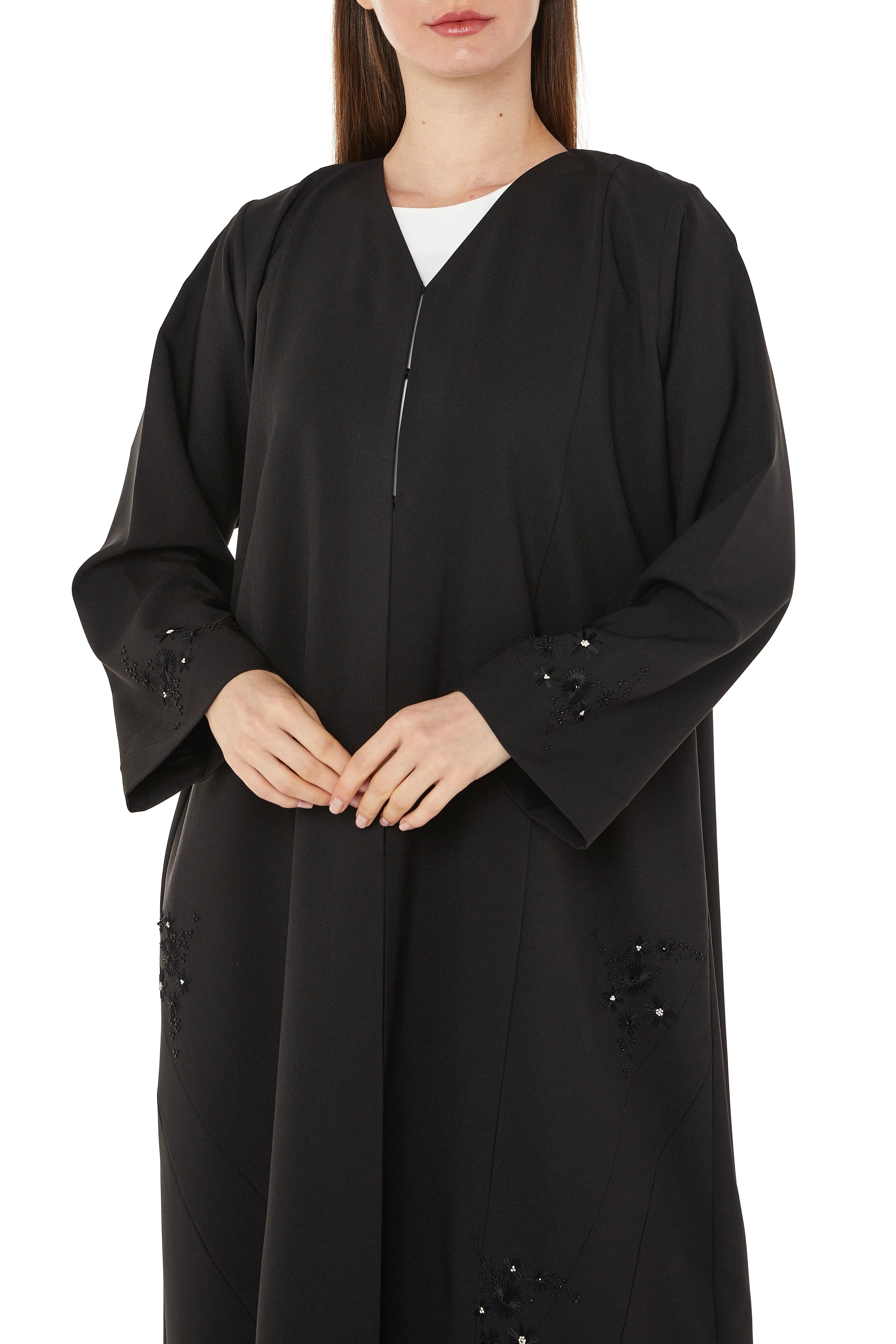 Black Kadi Crepe with Bead and Thread Work on Sides - Posh Abaya