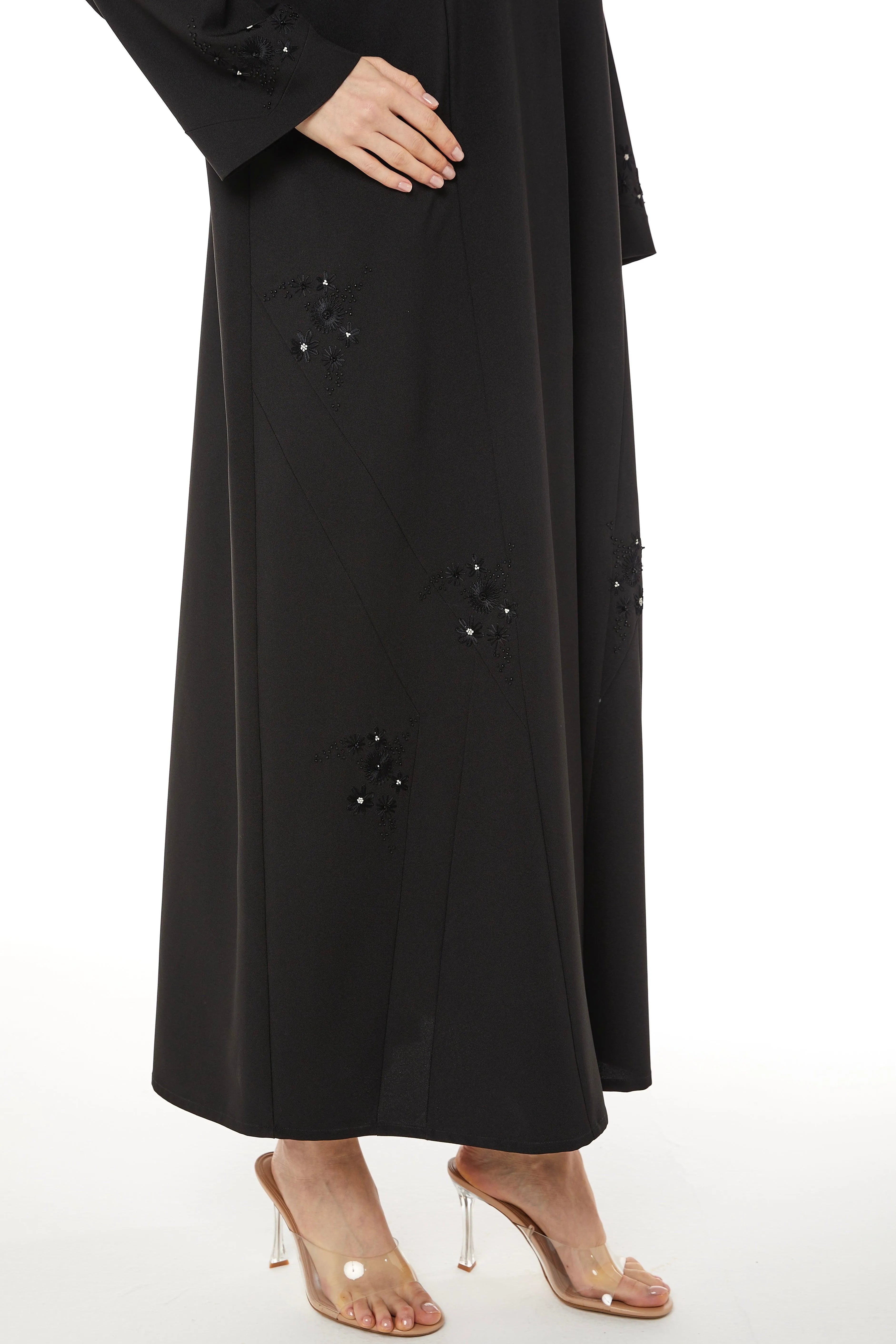 Black Kadi Crepe with Bead and Thread Work on Sides - Posh Abaya